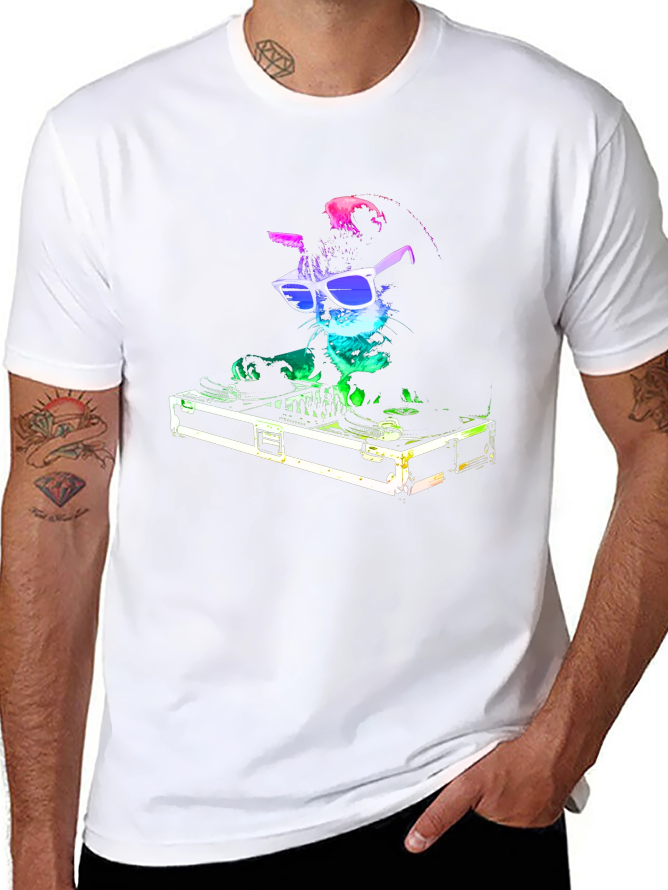 DJ Cat Graphic T-Shirt - Black Cotton Blend