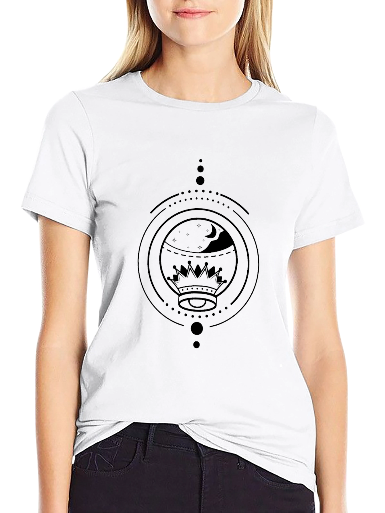 Geometric Crown & Moon Black Graphic Tee