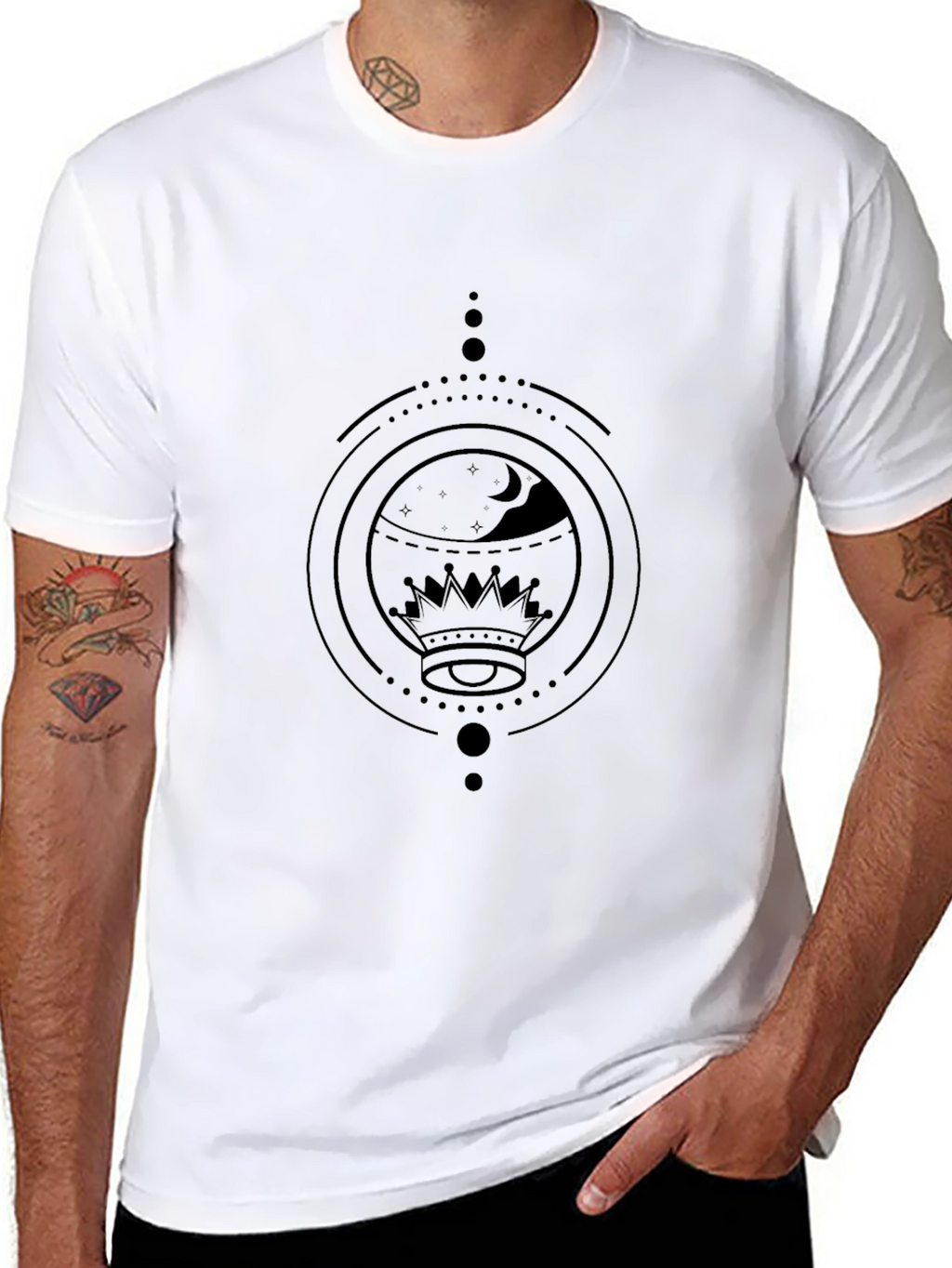 Geometric Crown & Moon Black Graphic Tee