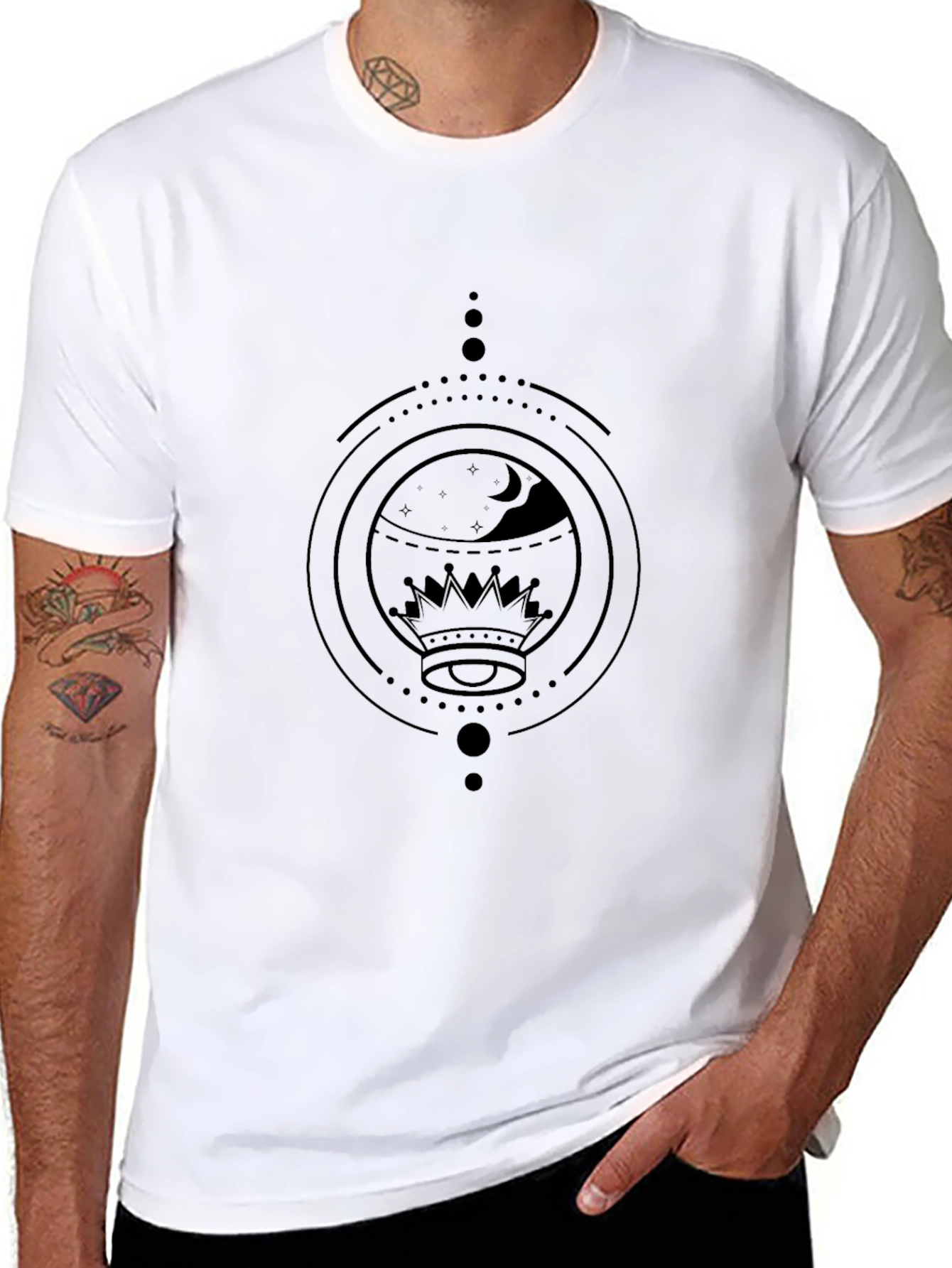Geometric Crown & Moon Black Graphic Tee
