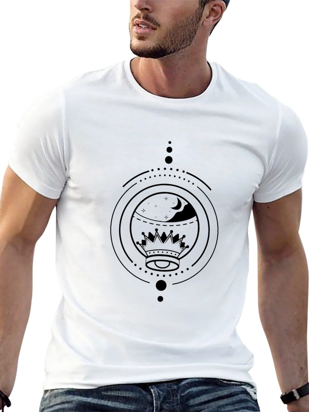 Geometric Crown & Moon Black Graphic Tee