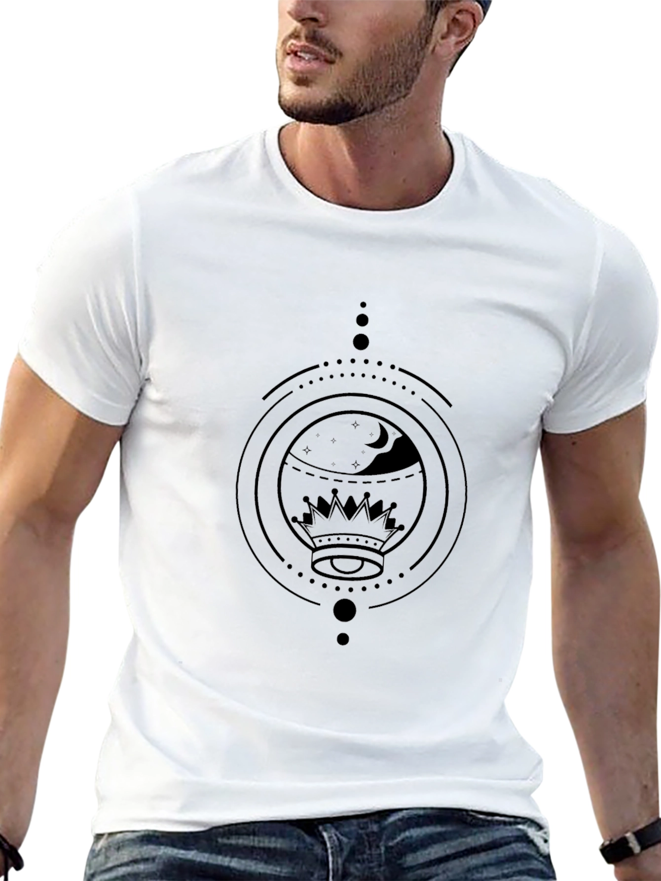 Geometric Crown & Moon Black Graphic Tee