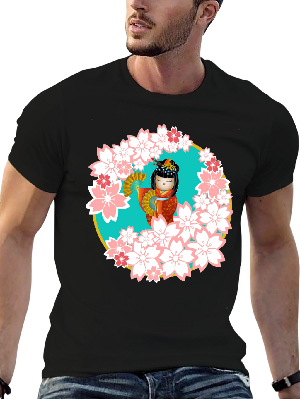 Sakura Kokeshi Doll Black T-Shirt