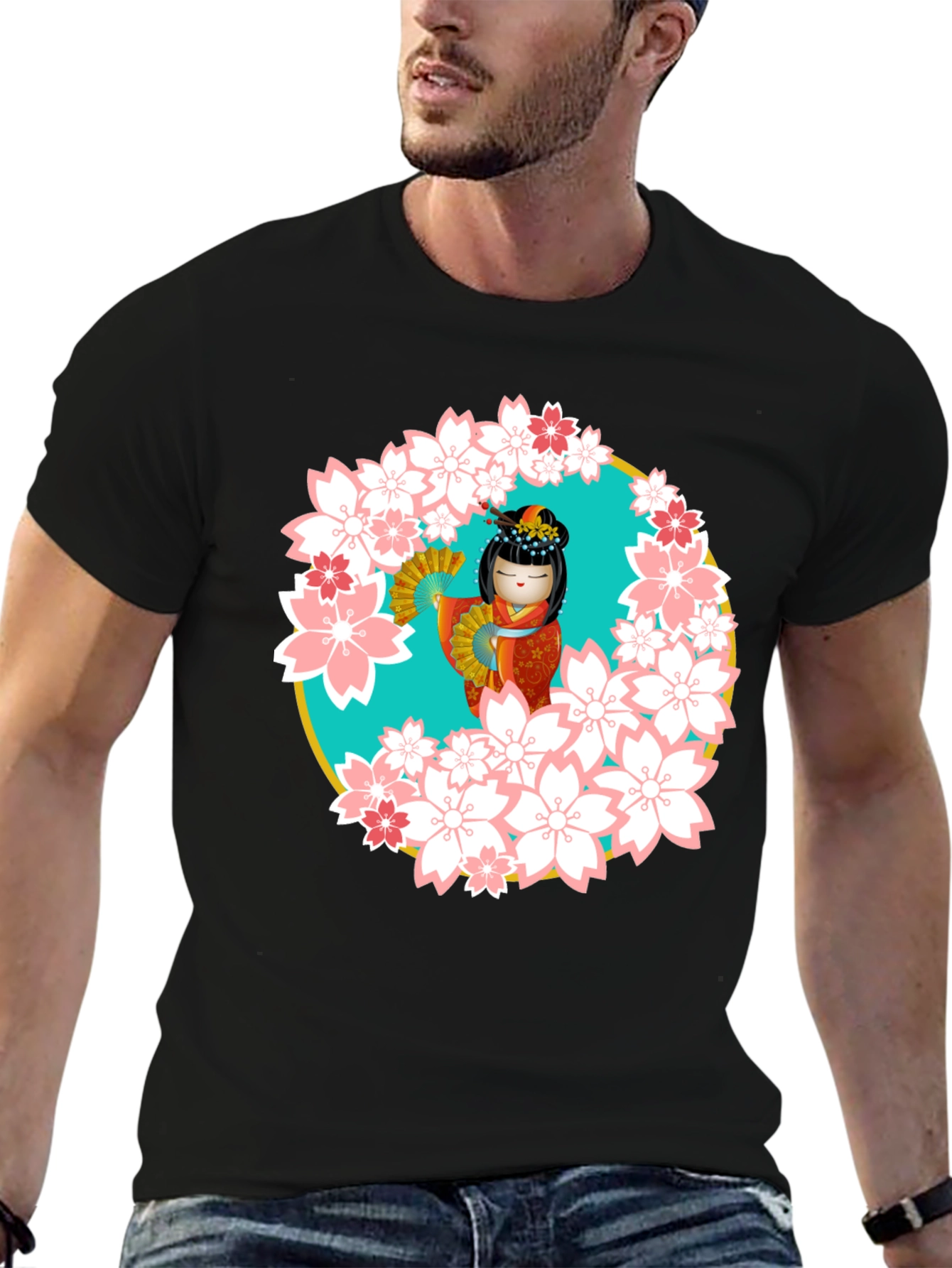Sakura Kokeshi Doll Black T-Shirt