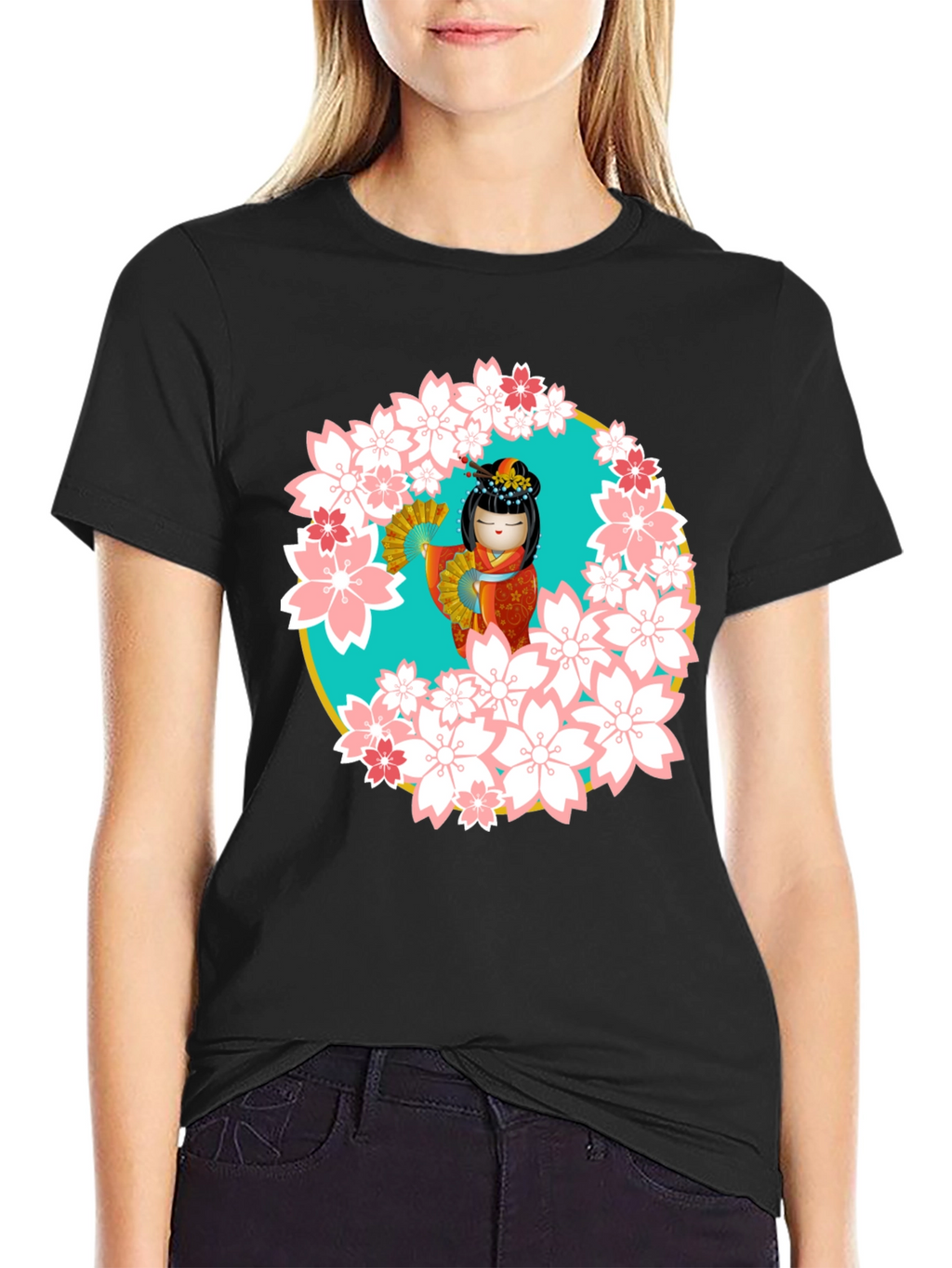 Sakura Kokeshi Doll Black T-Shirt