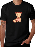 Cute Cartoon Cat Graphic Tee - Black