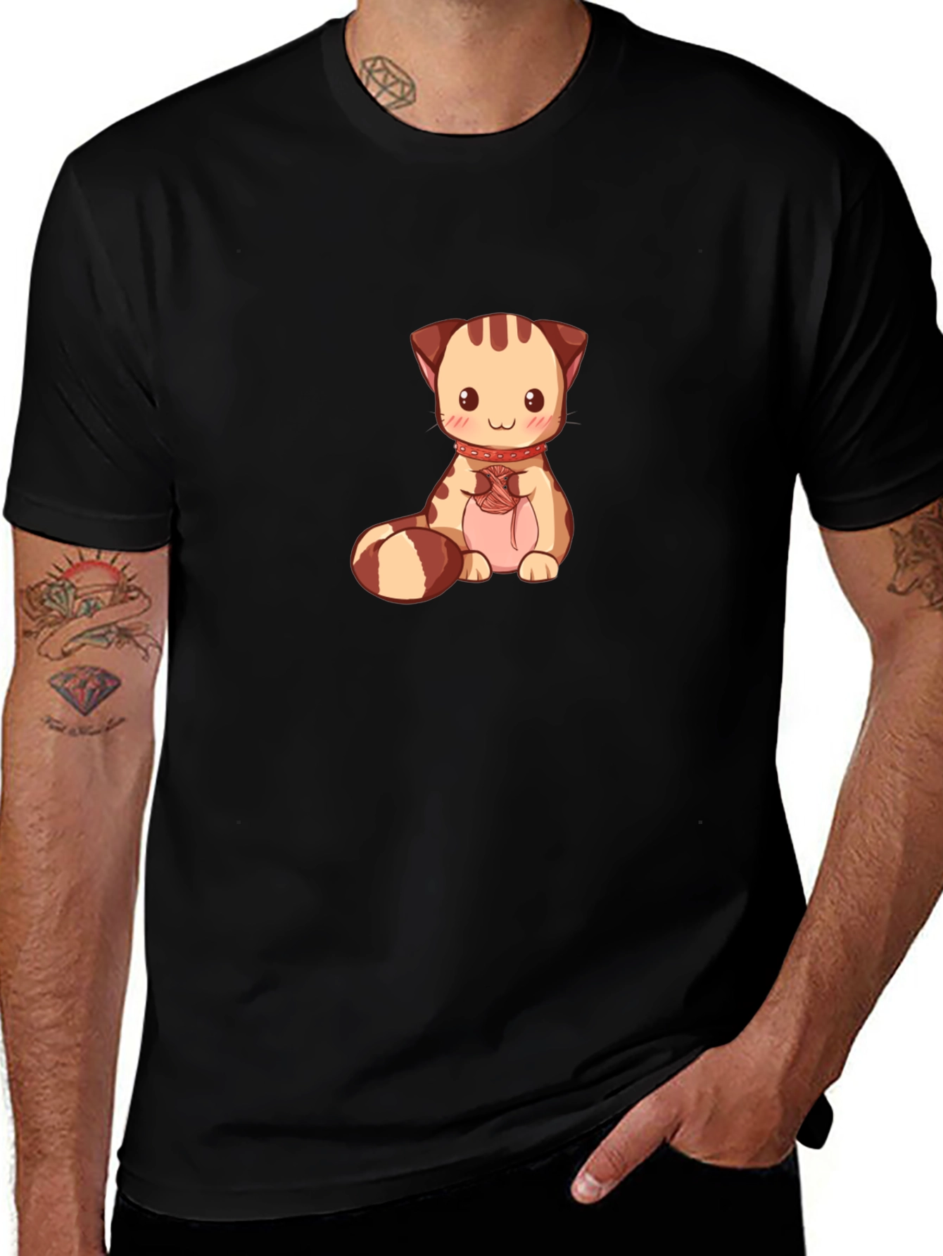 Cute Cartoon Cat Graphic Tee - Black