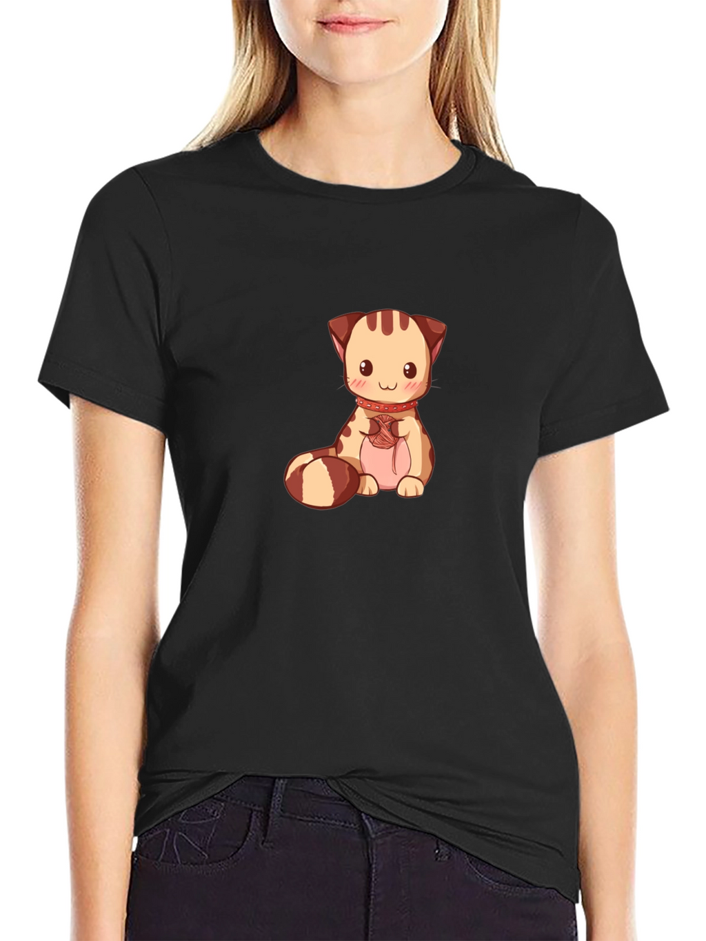 Cute Cartoon Cat Graphic Tee - Black