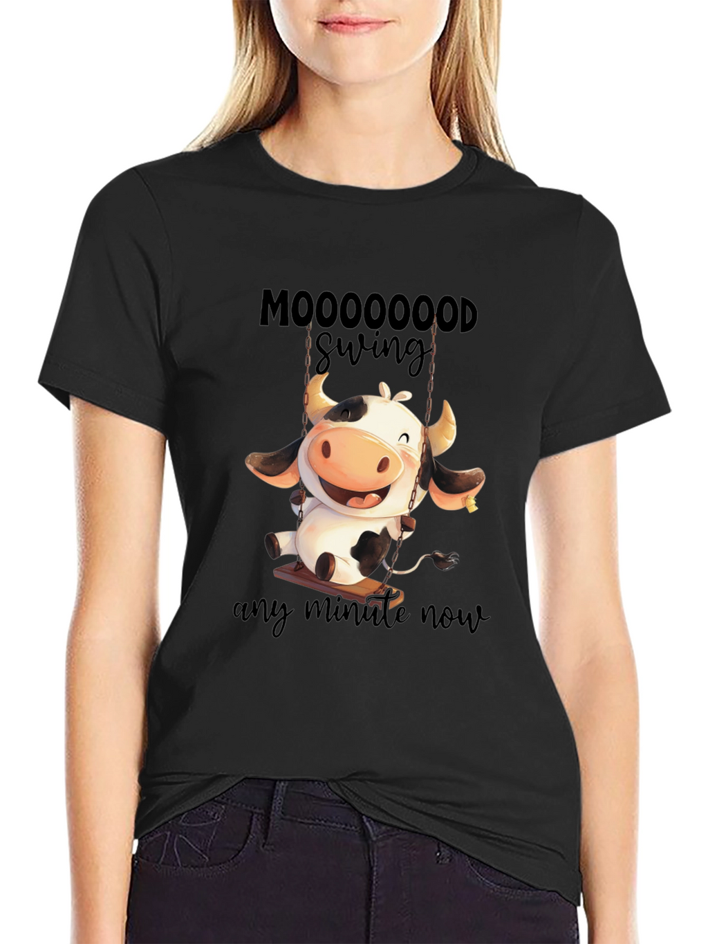 Moooooood Swing Black T-Shirt - Cute Cow Design