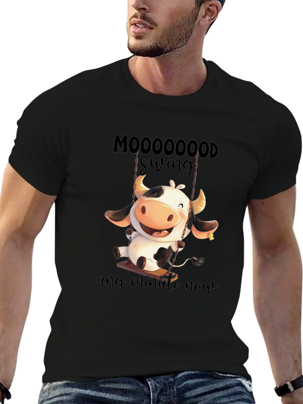 Moooooood Swing Black T-Shirt - Cute Cow Design