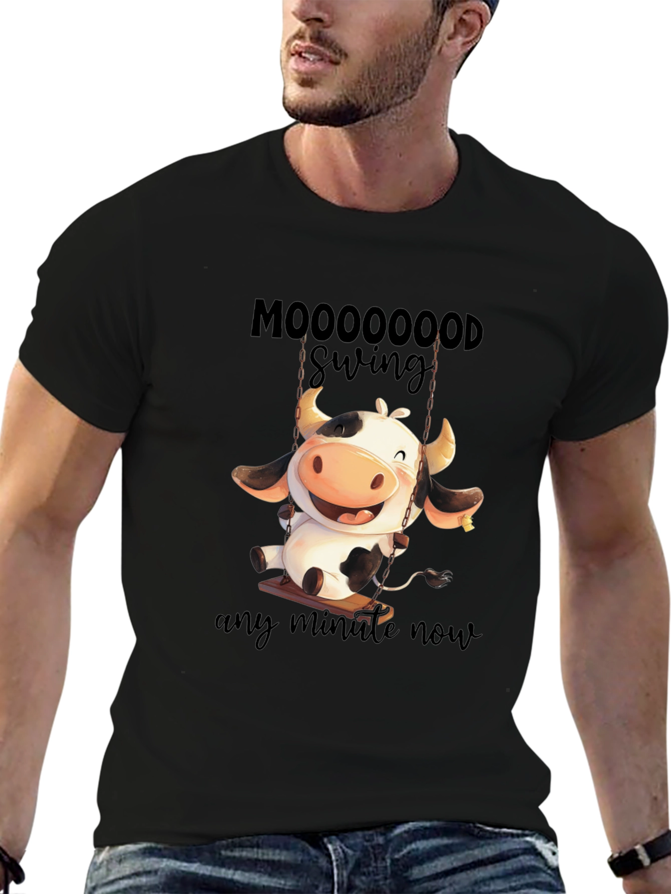 Moooooood Swing Black T-Shirt - Cute Cow Design