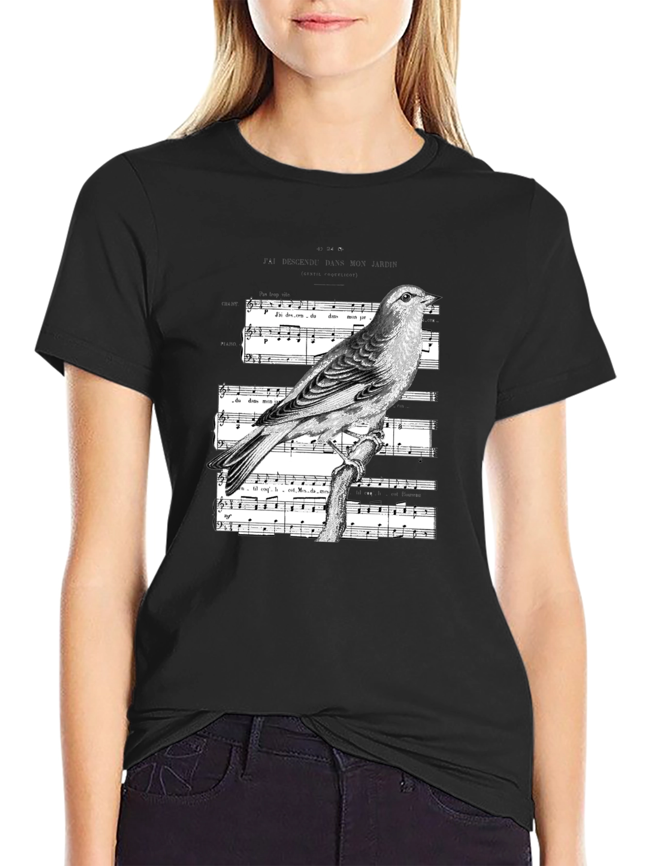 Bird & Music Sheet Mens Graphic Tee - Classic Black