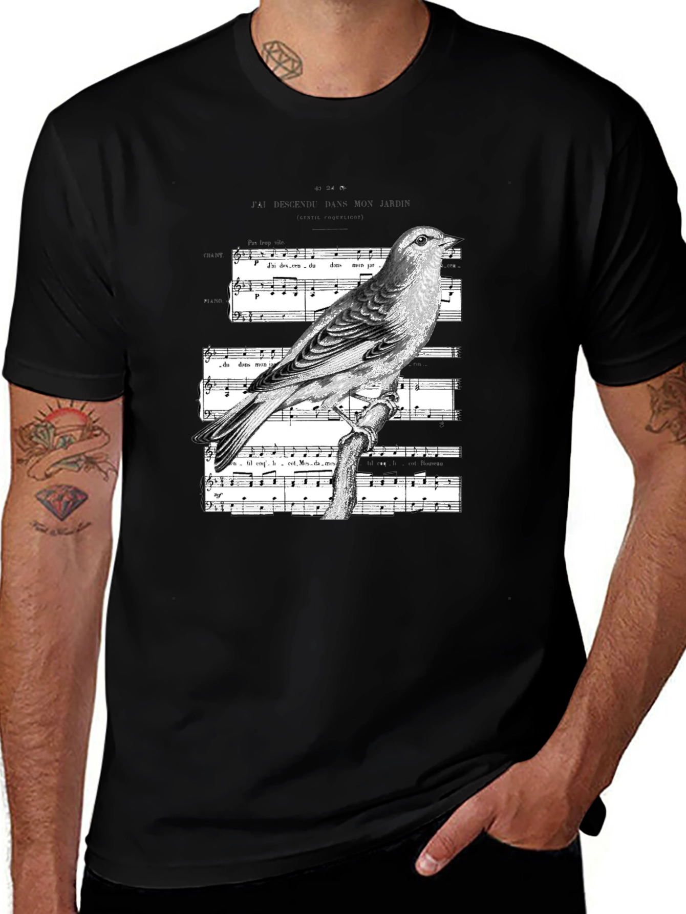 Bird & Music Sheet Mens Graphic Tee - Classic Black