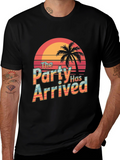 Party Has Arrived Black T-Shirt: Tropical Sunset Design
