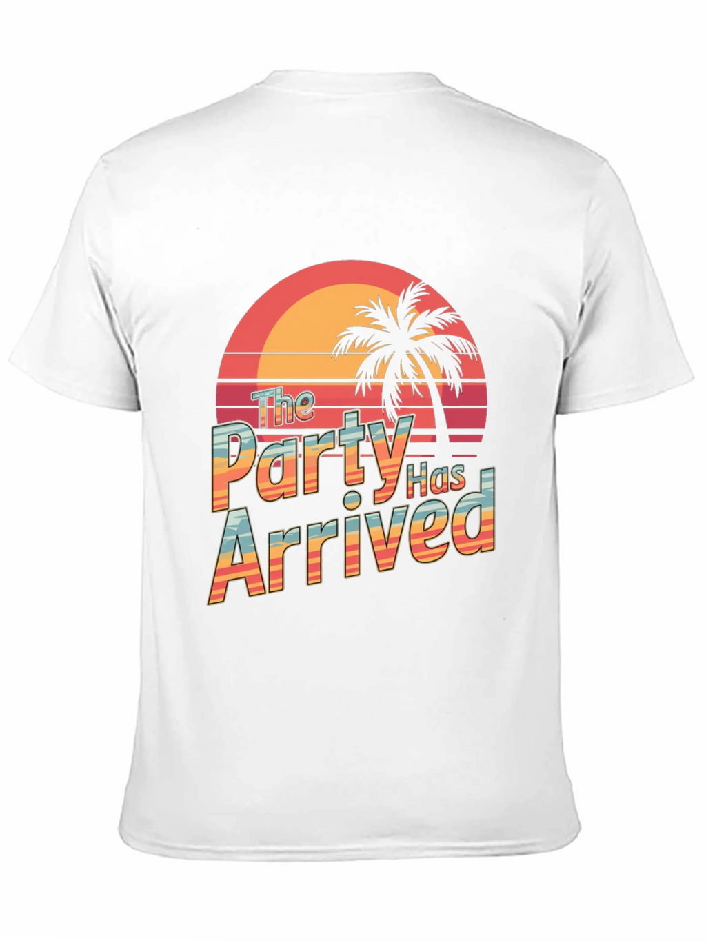 Party Has Arrived Black T-Shirt: Tropical Sunset Design