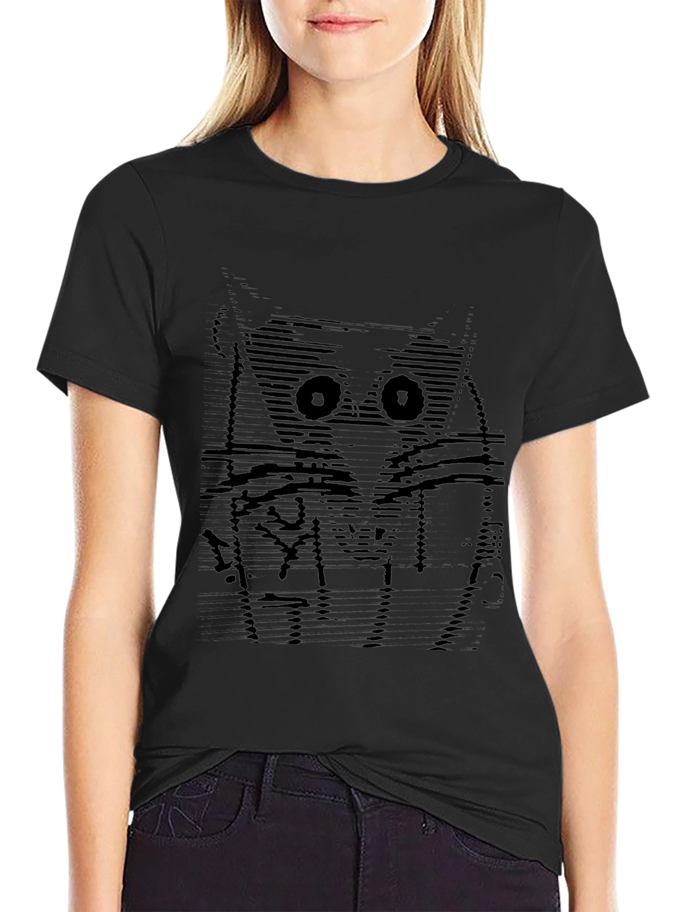 Abstract Owl Graphic Tee - Soft Black Cotton T-Shirt