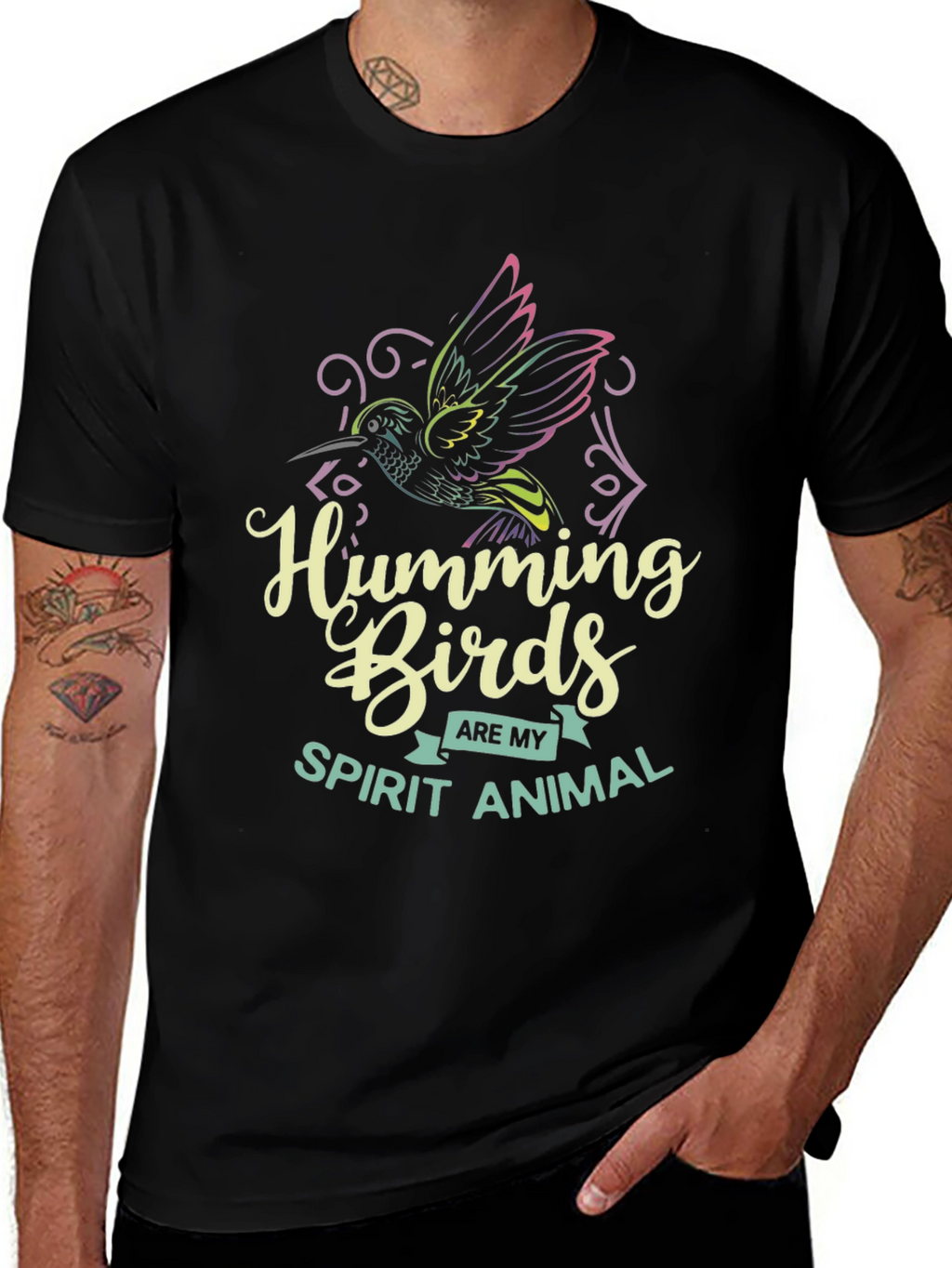 Hummingbird Spirit Animal Graphic Tee - Black Cotton Shirt