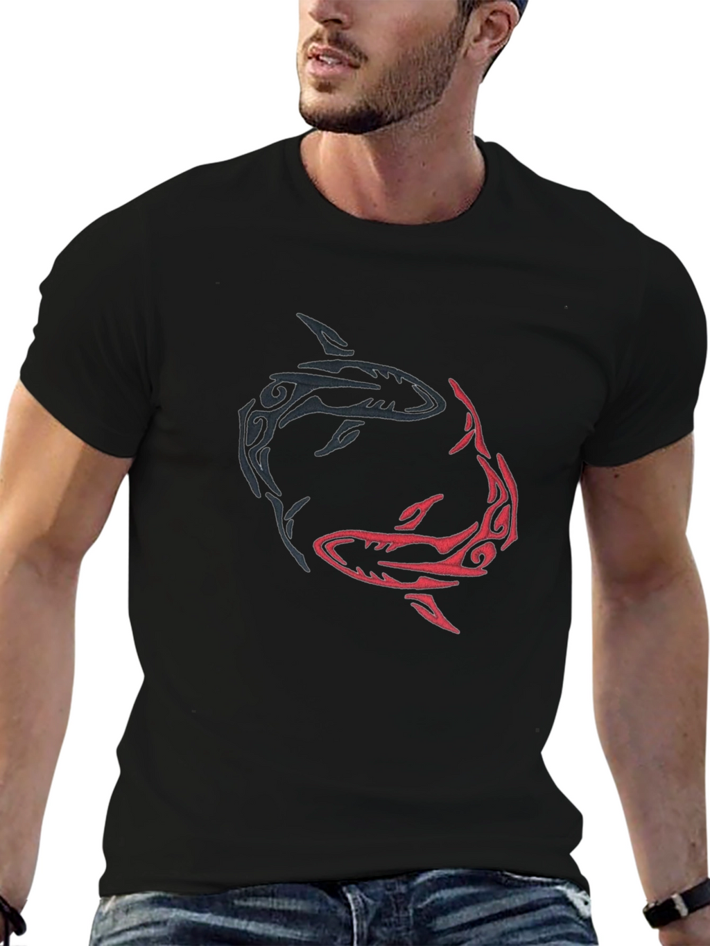 Yin Yang Sharks Graphic Tee - Black Cotton Blend