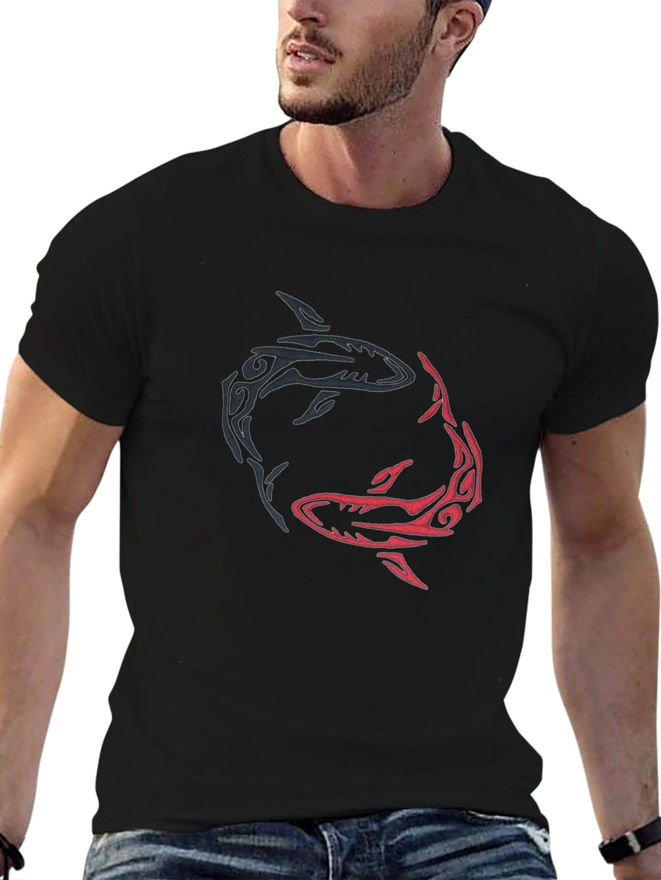 Yin Yang Sharks Graphic Tee - Black Cotton Blend
