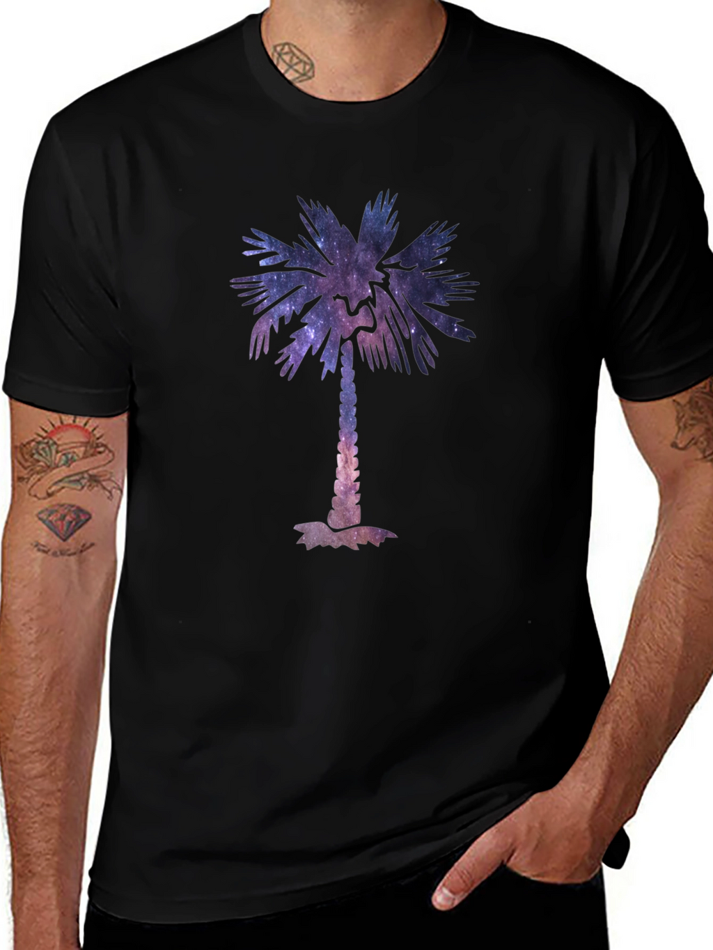 Cosmic Palm Tree Graphic Tee - Stylish Black T-Shirt