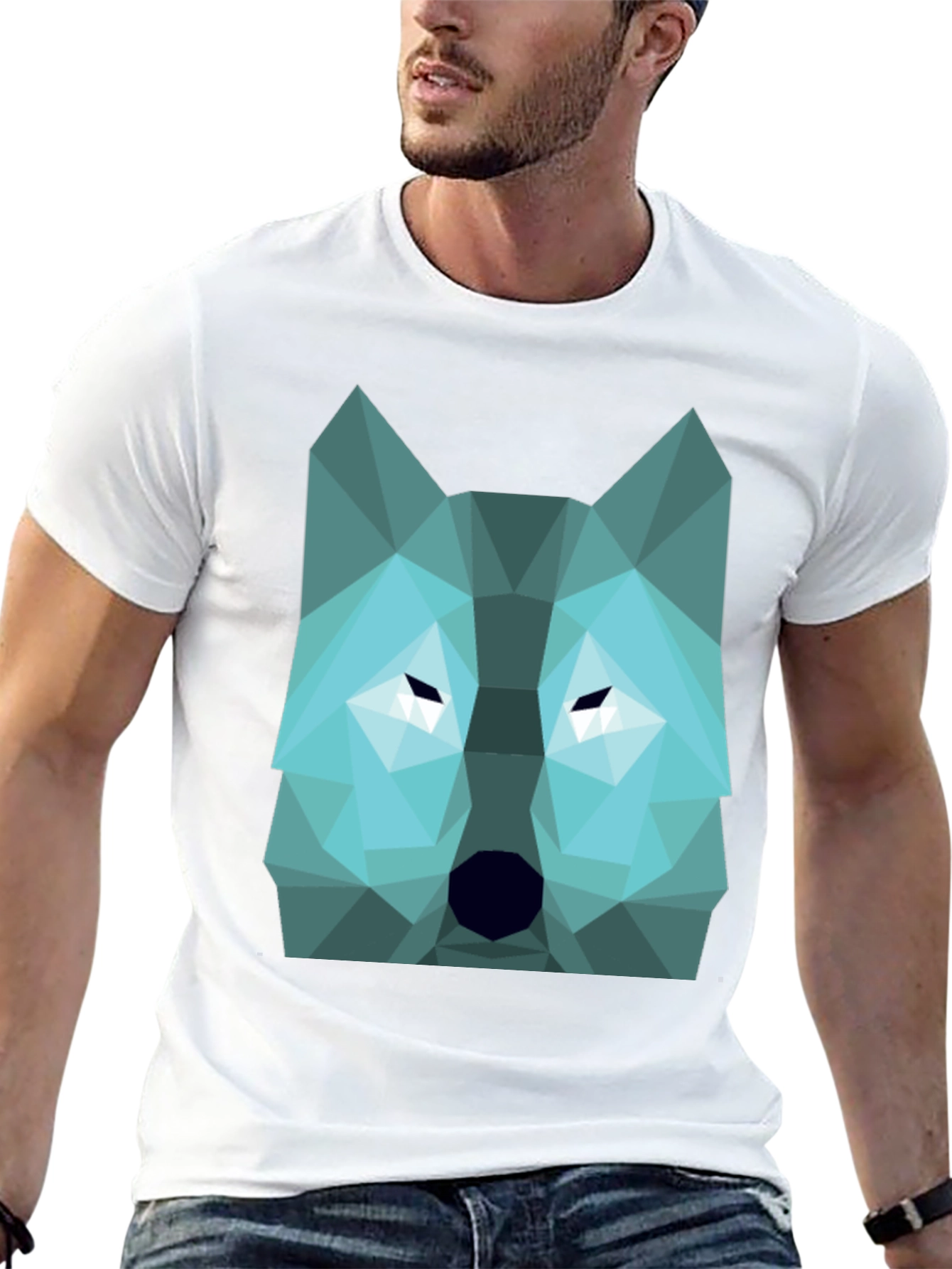 Geometric Wolf Graphic Print Tee - Black