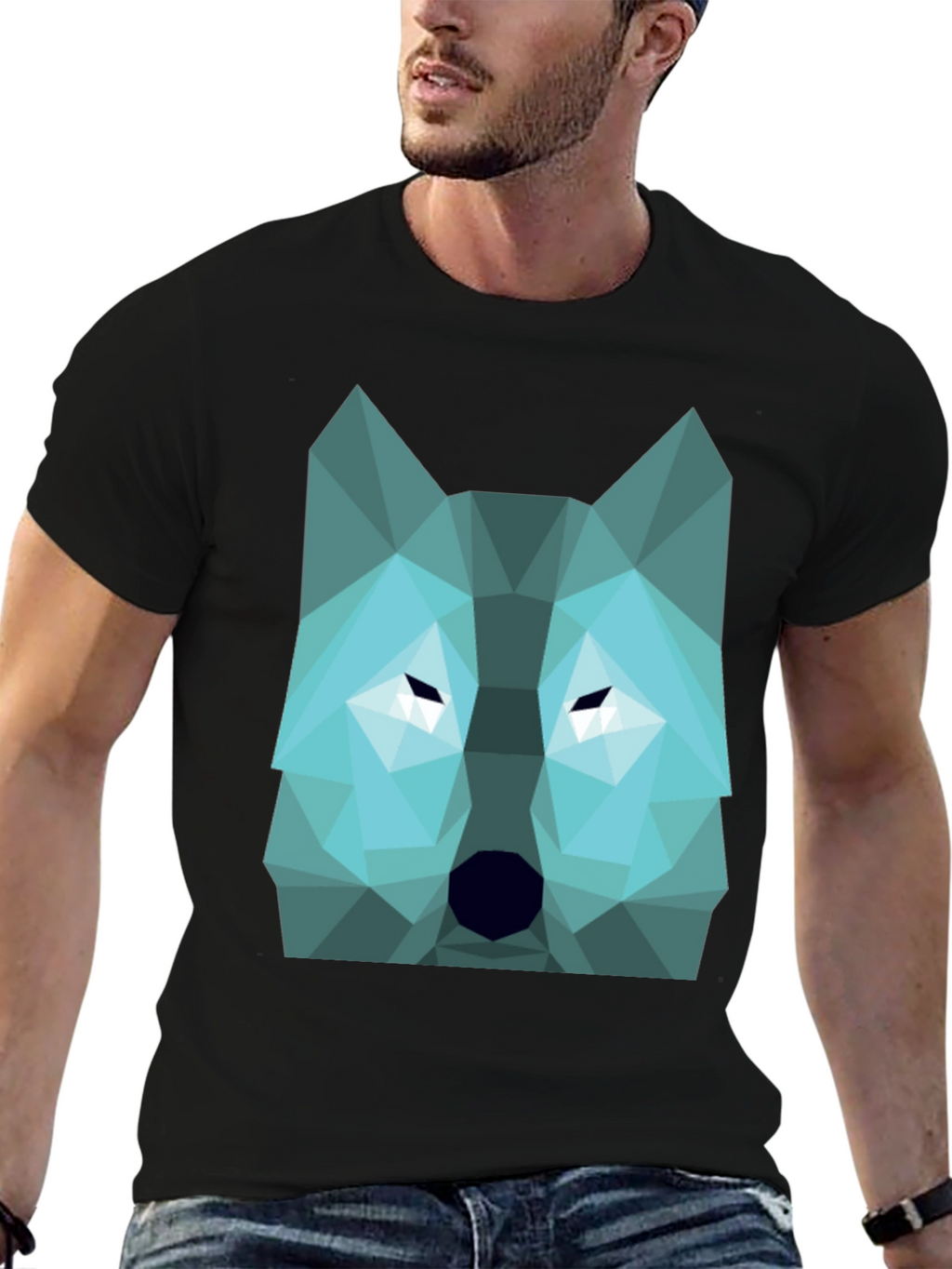 Geometric Wolf Graphic Print Tee - Black