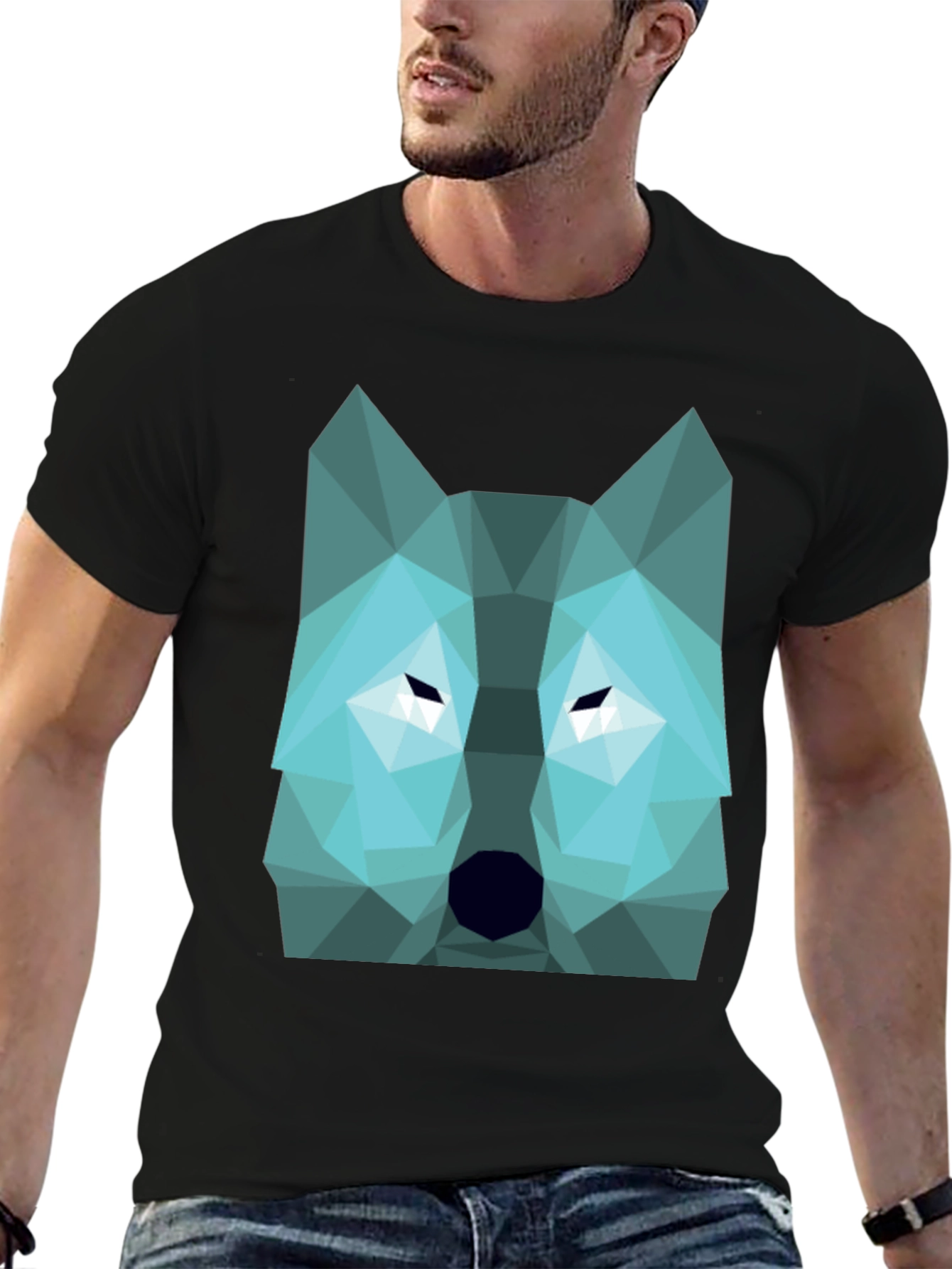 Geometric Wolf Graphic Print Tee - Black
