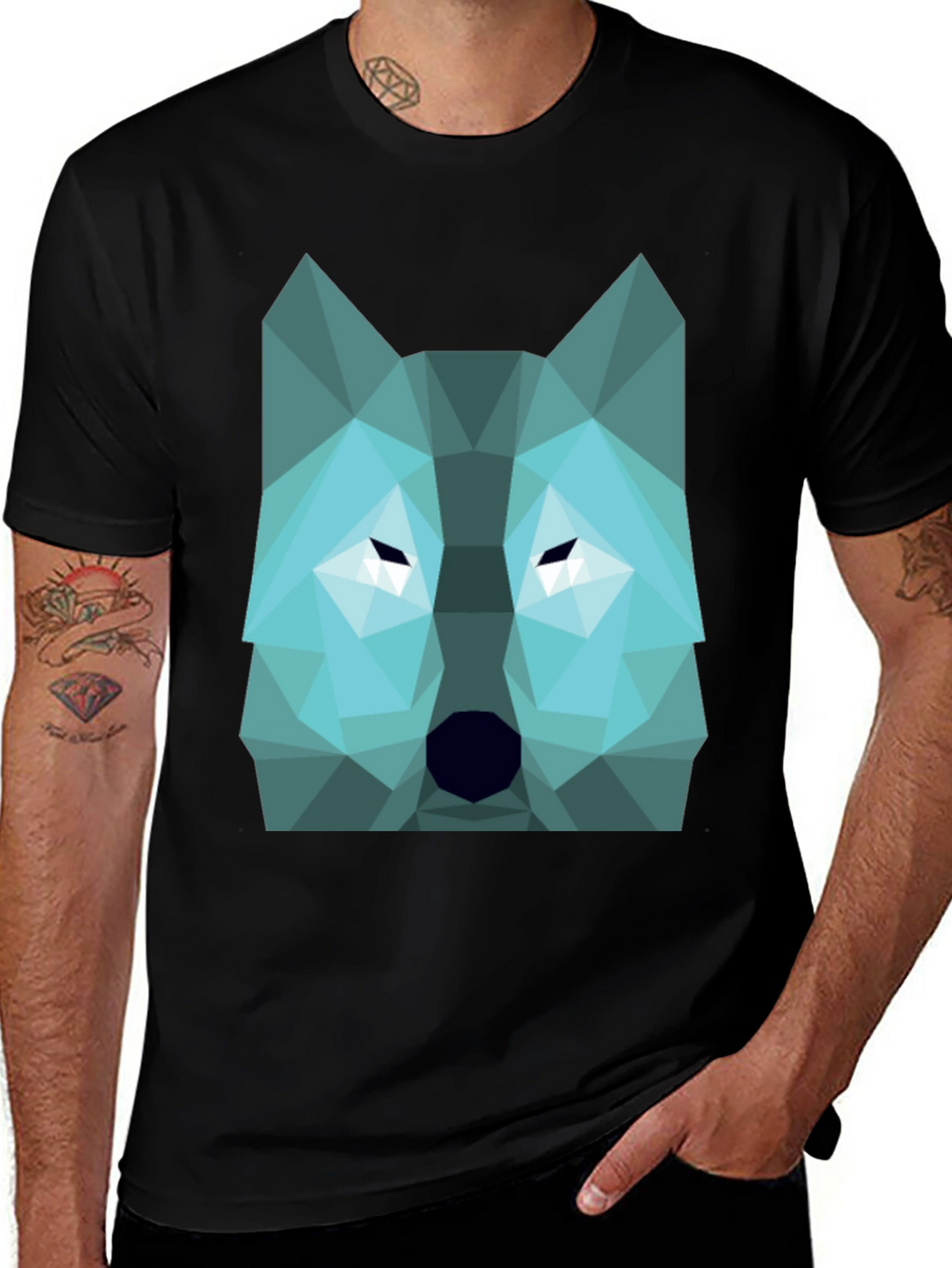 Geometric Wolf Graphic Print Tee - Black