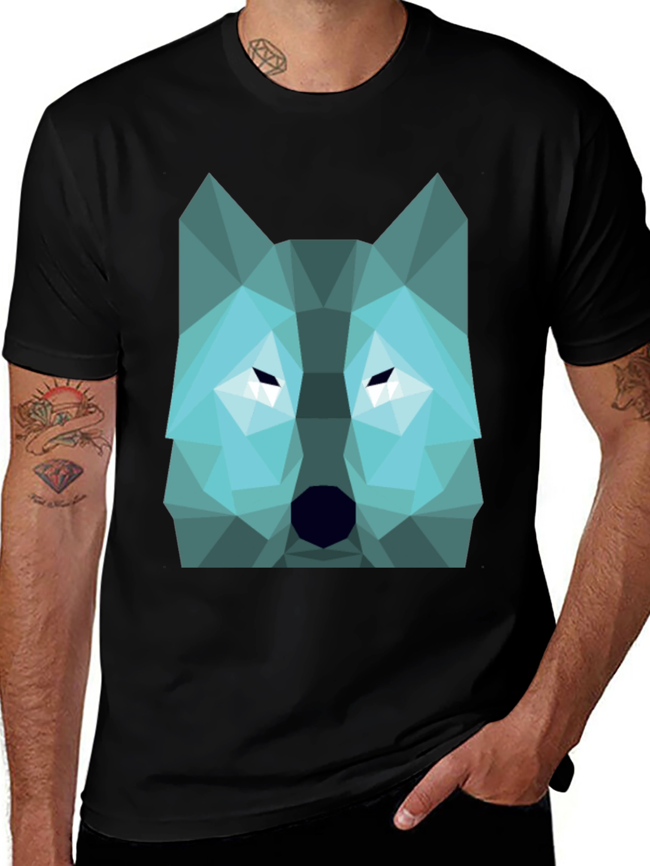 Geometric Wolf Graphic Print Tee - Black