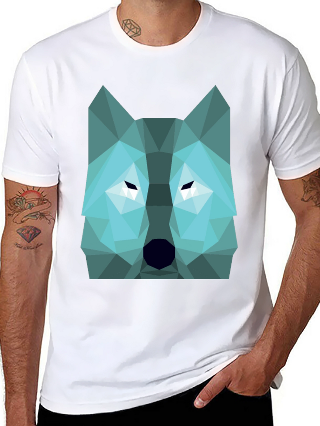 Geometric Wolf Graphic Print Tee - Black