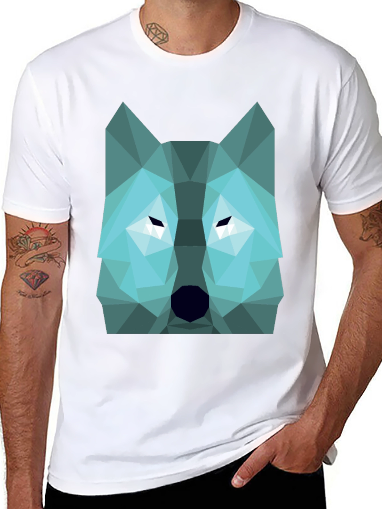 Geometric Wolf Graphic Print Tee - Black