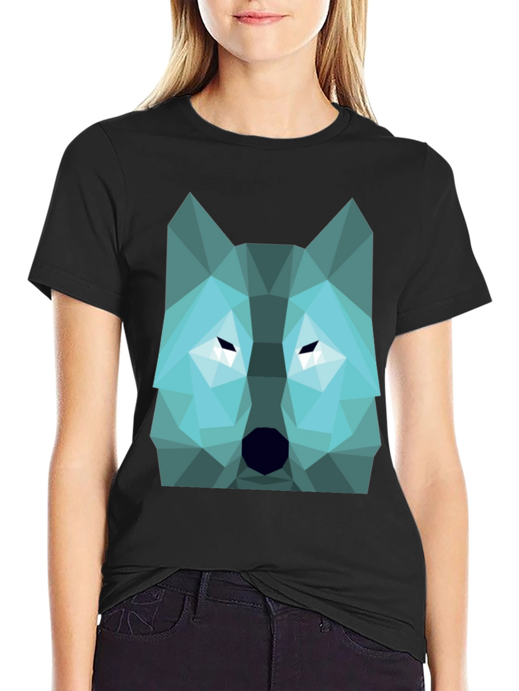 Geometric Wolf Graphic Print Tee - Black