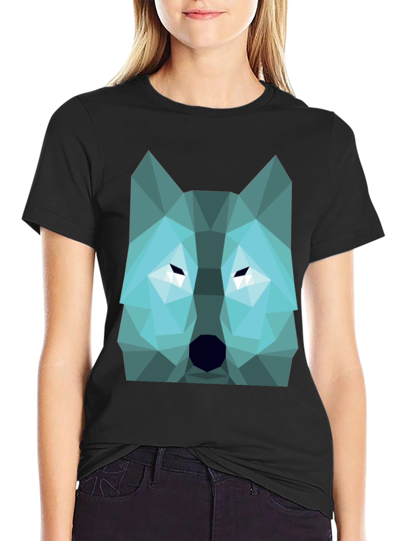 Geometric Wolf Graphic Print Tee - Black