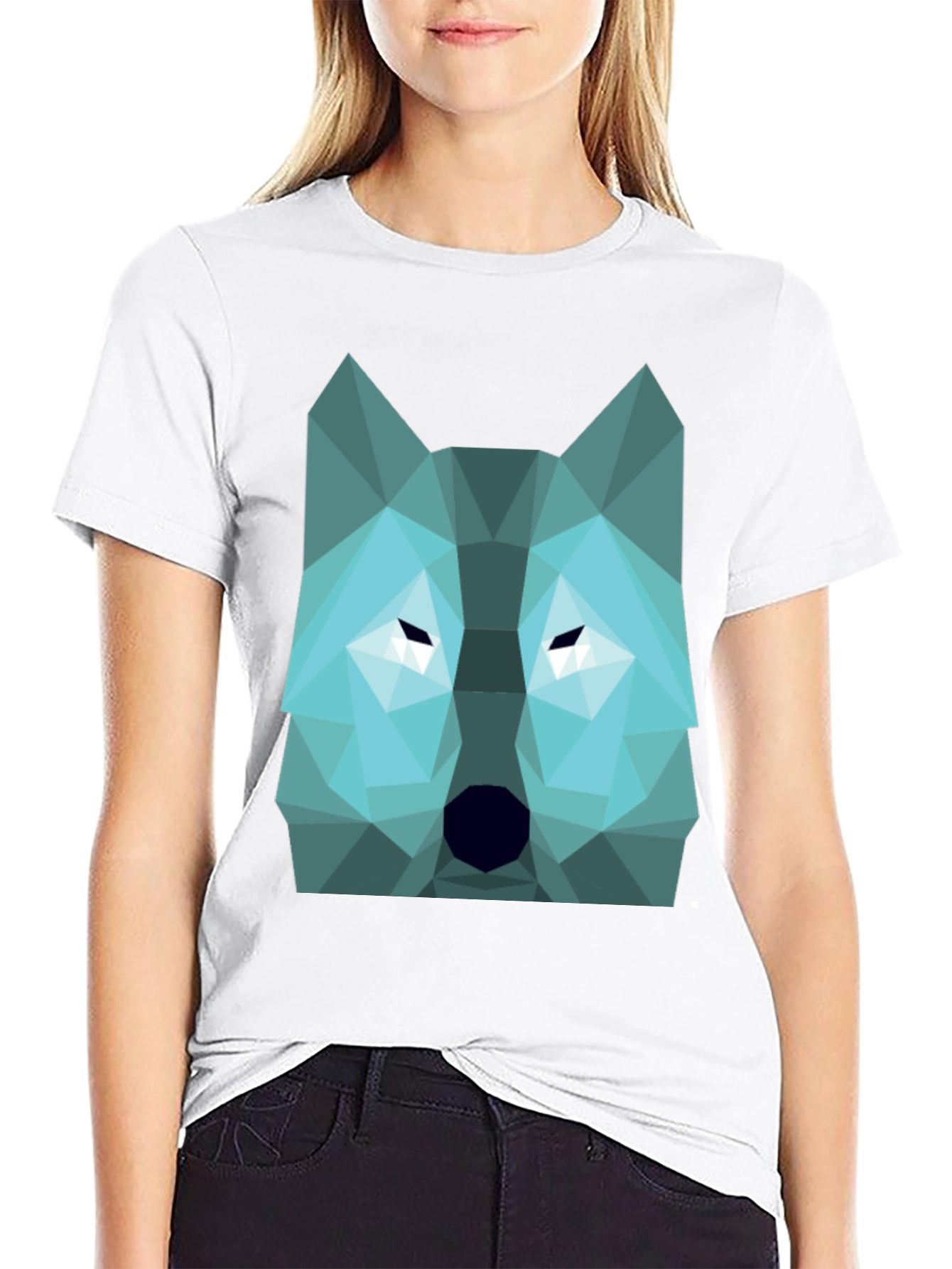 Geometric Wolf Graphic Print Tee - Black