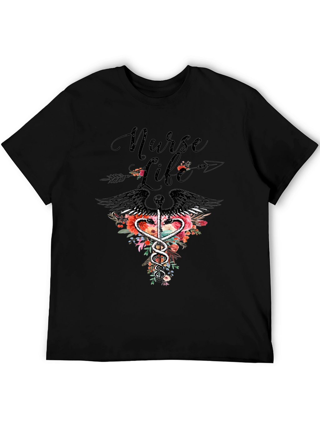 Nurse Life Floral Caduceus Graphic Tee