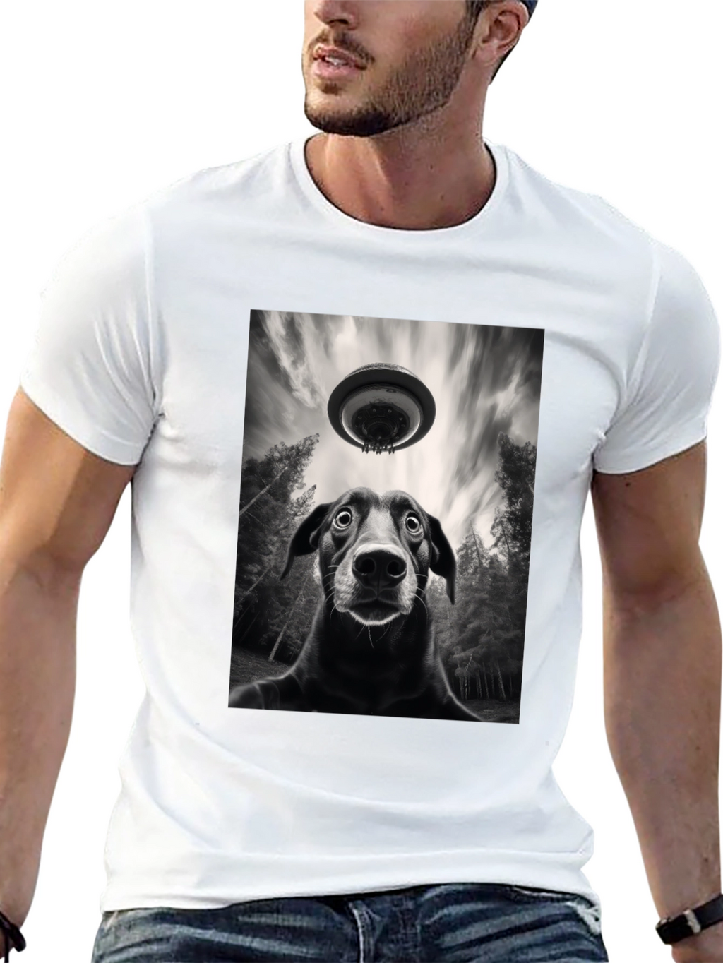 Dog UFO Graphic Tee - Black Cotton T-Shirt