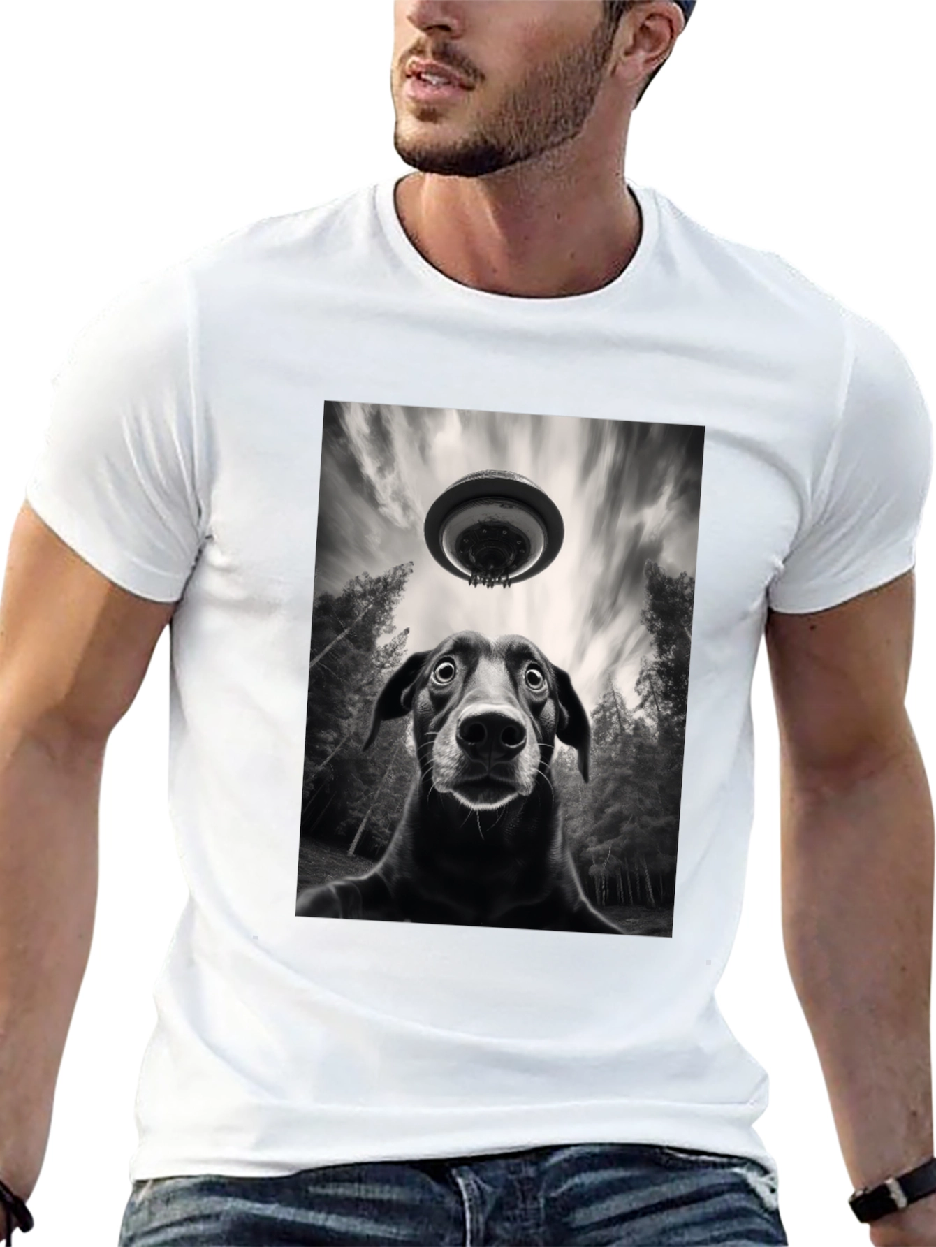 Dog UFO Graphic Tee - Black Cotton T-Shirt