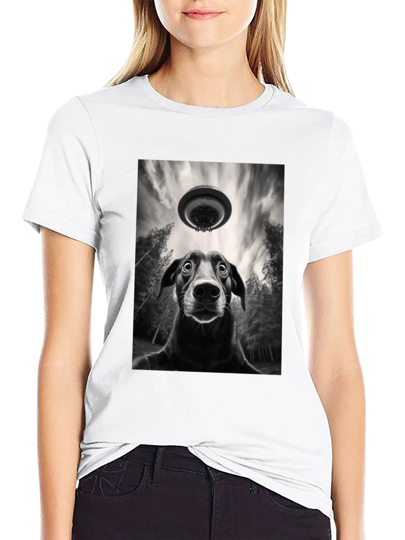 Dog UFO Graphic Tee - Black Cotton T-Shirt