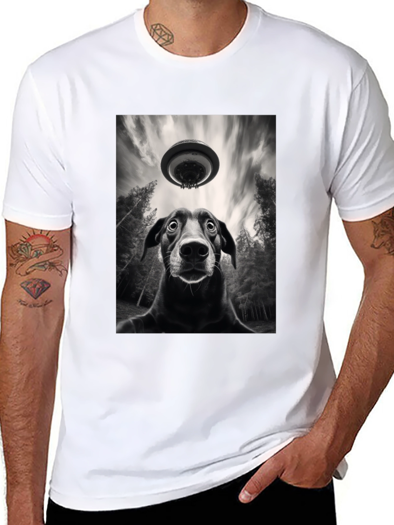 Dog UFO Graphic Tee - Black Cotton T-Shirt