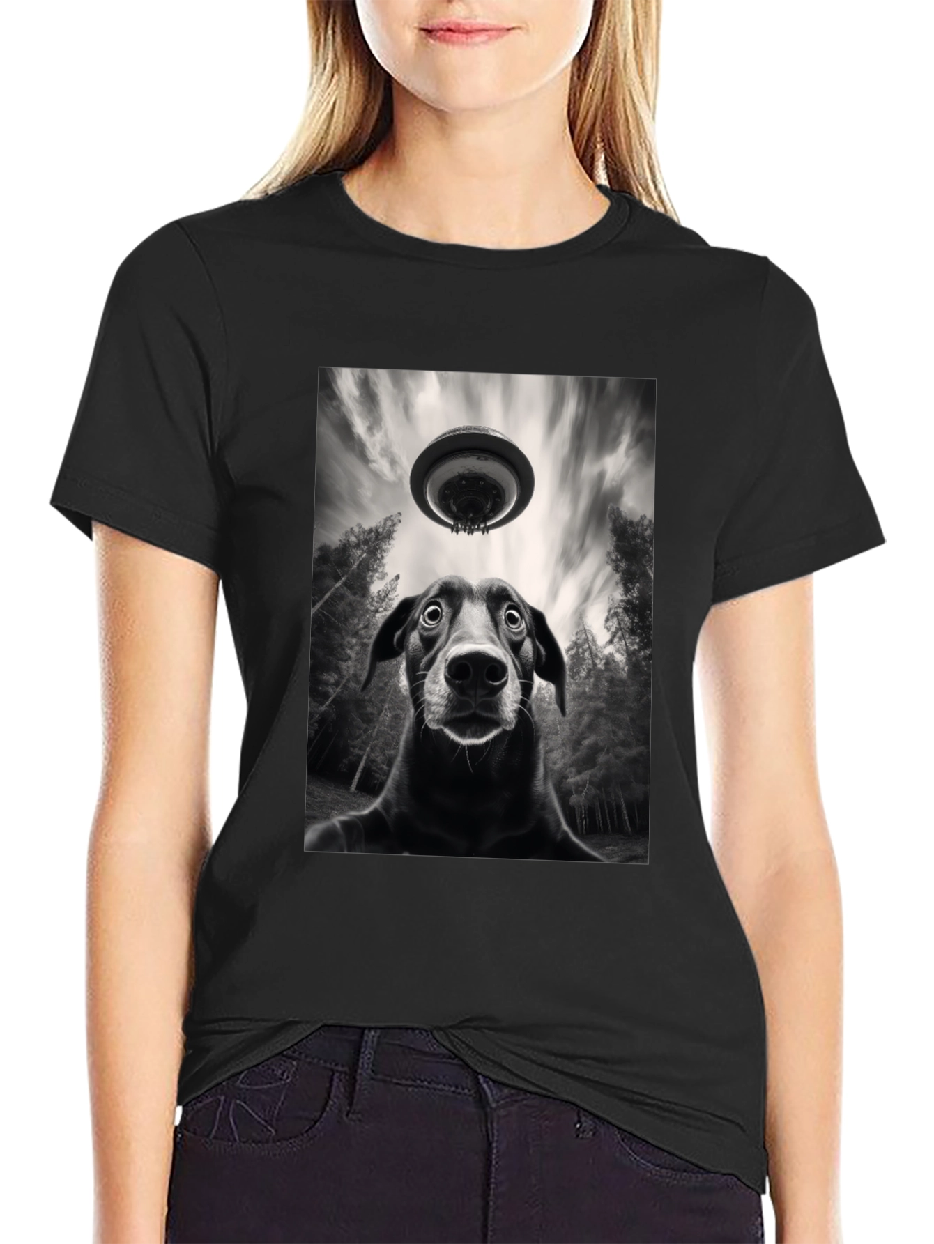 Dog UFO Graphic Tee - Black Cotton T-Shirt