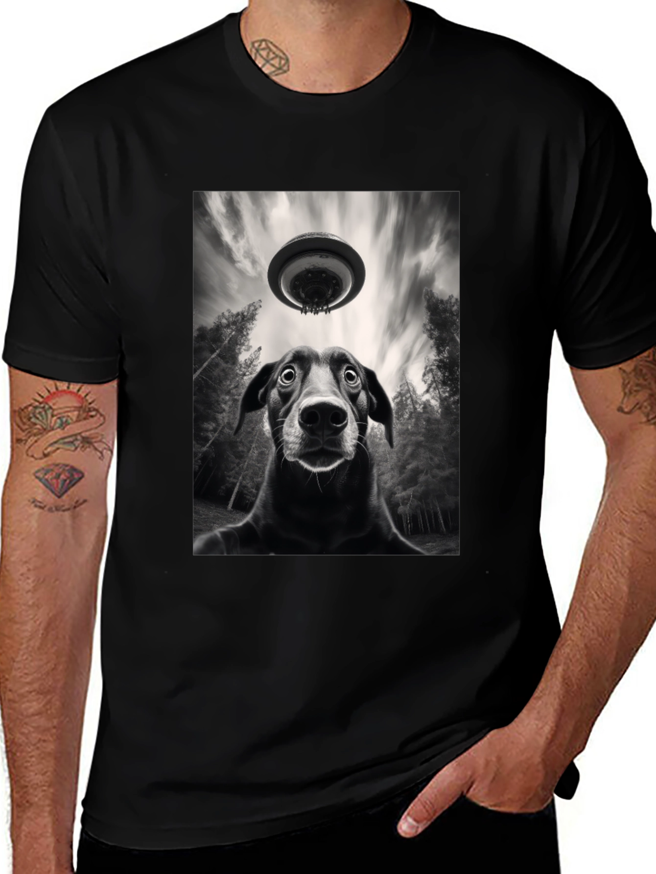 Dog UFO Graphic Tee - Black Cotton T-Shirt