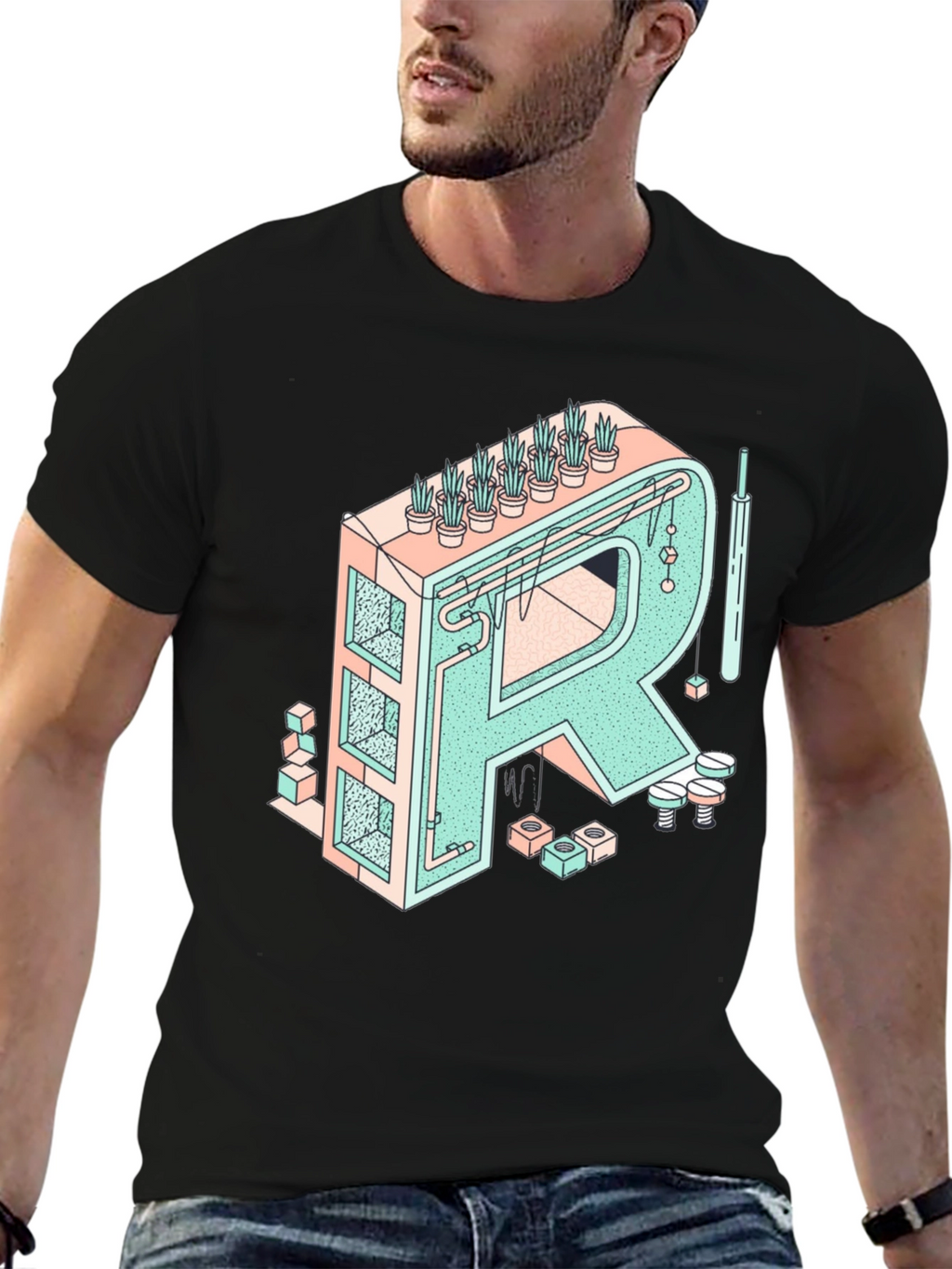 Geometric Letter R Graphic Tee - Unique Art Shirt