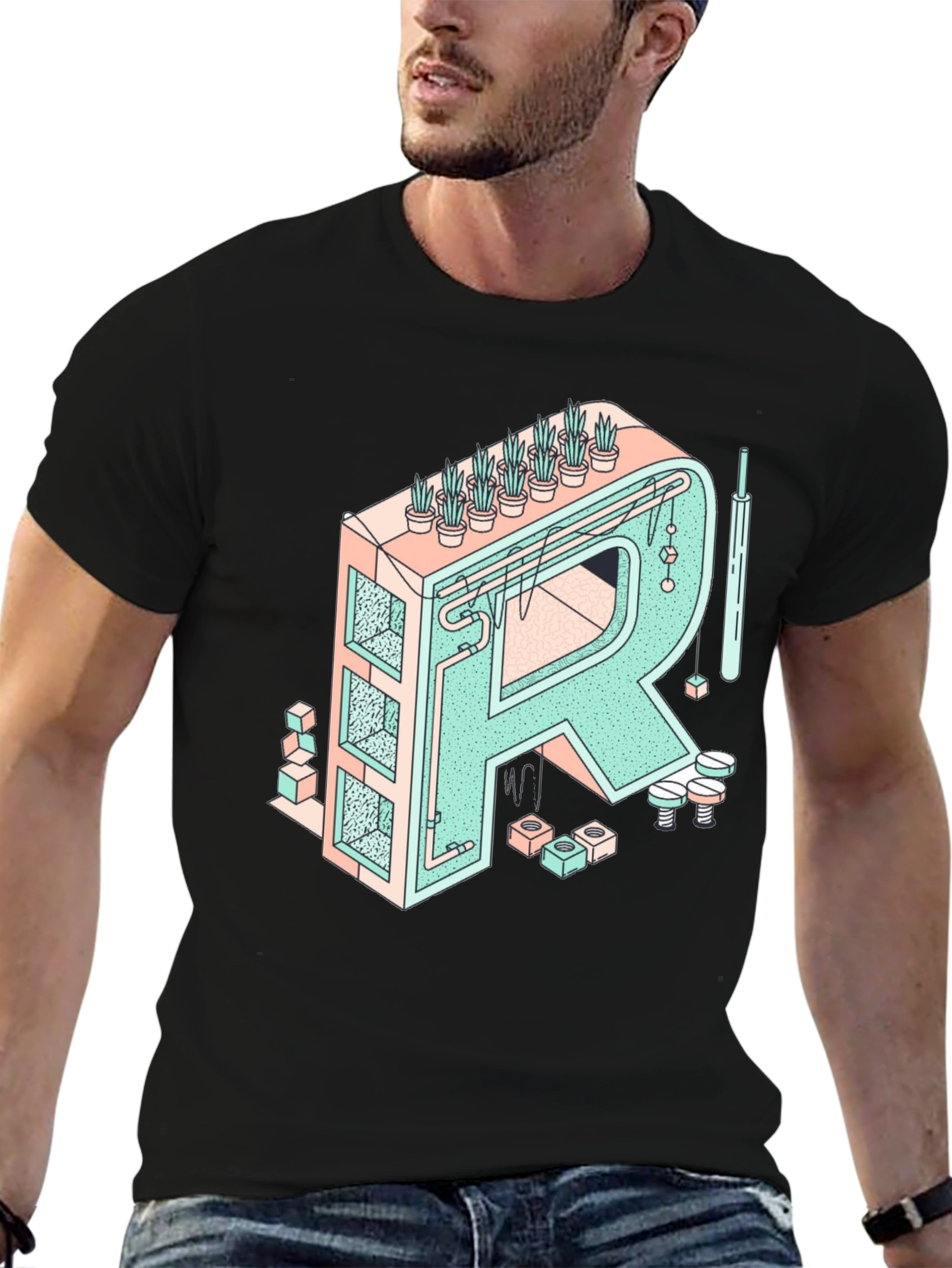 Geometric Letter R Graphic Tee - Unique Art Shirt