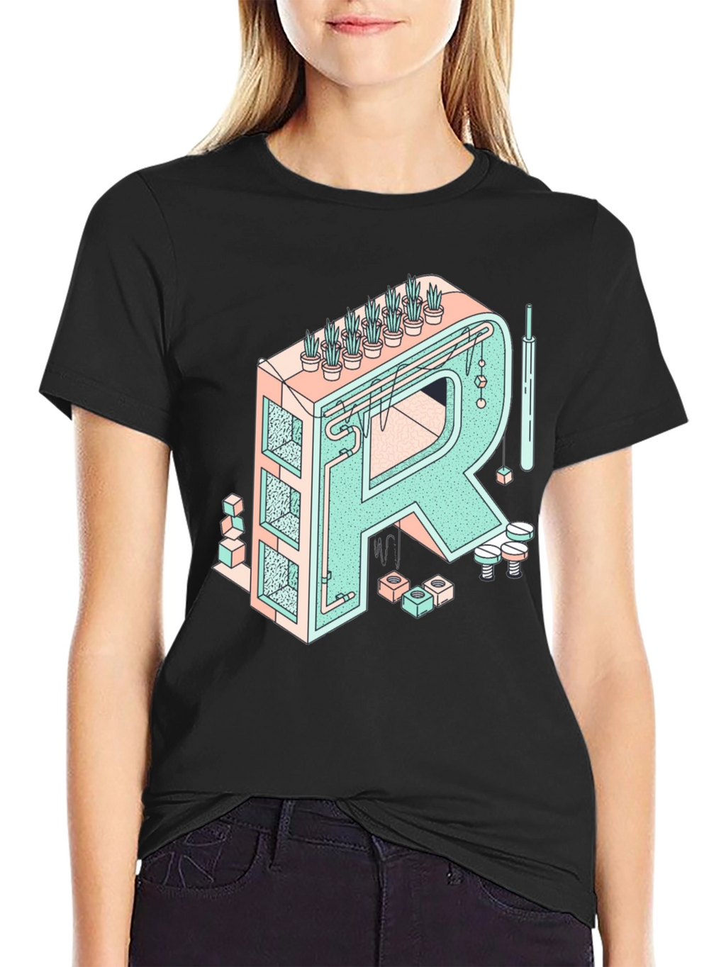 Geometric Letter R Graphic Tee - Unique Art Shirt