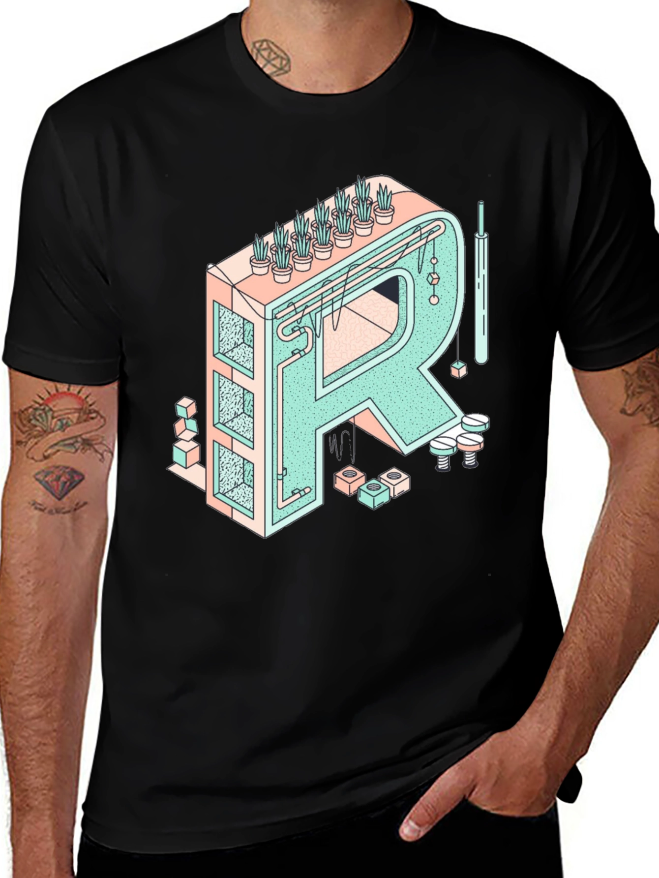 Geometric Letter R Graphic Tee - Unique Art Shirt