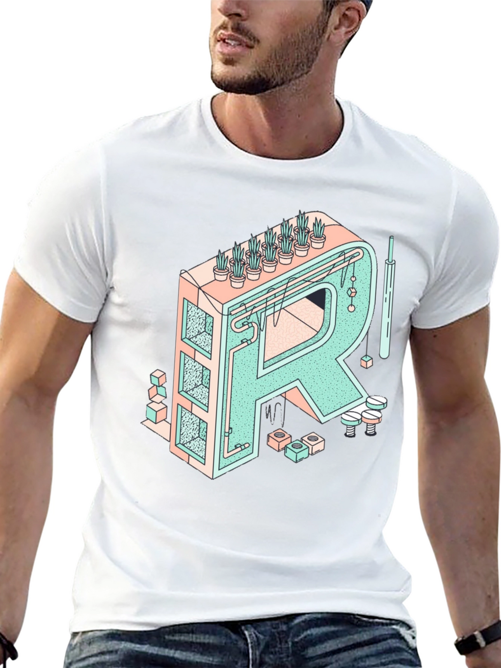Geometric Letter R Graphic Tee - Unique Art Shirt