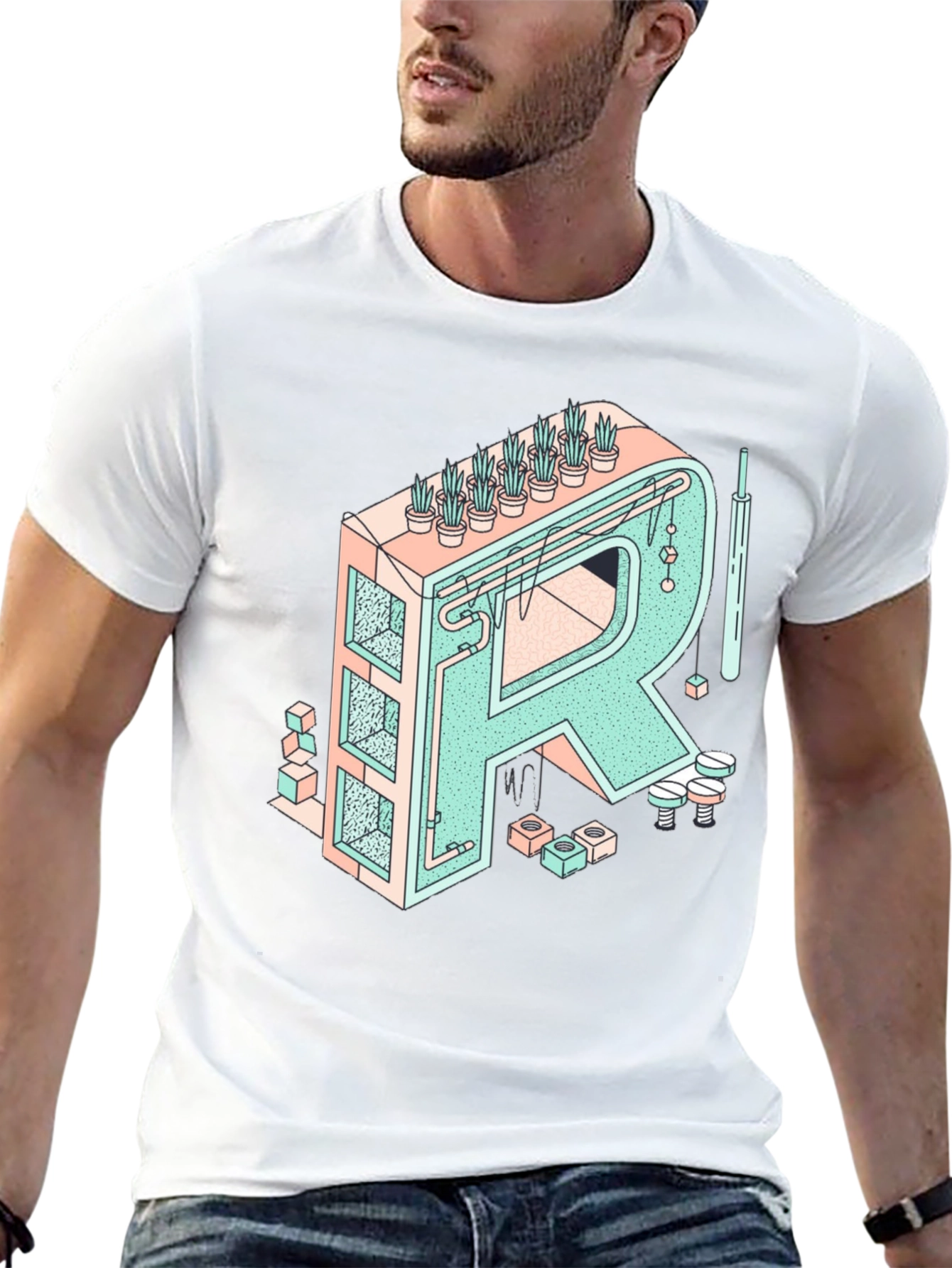 Geometric Letter R Graphic Tee - Unique Art Shirt