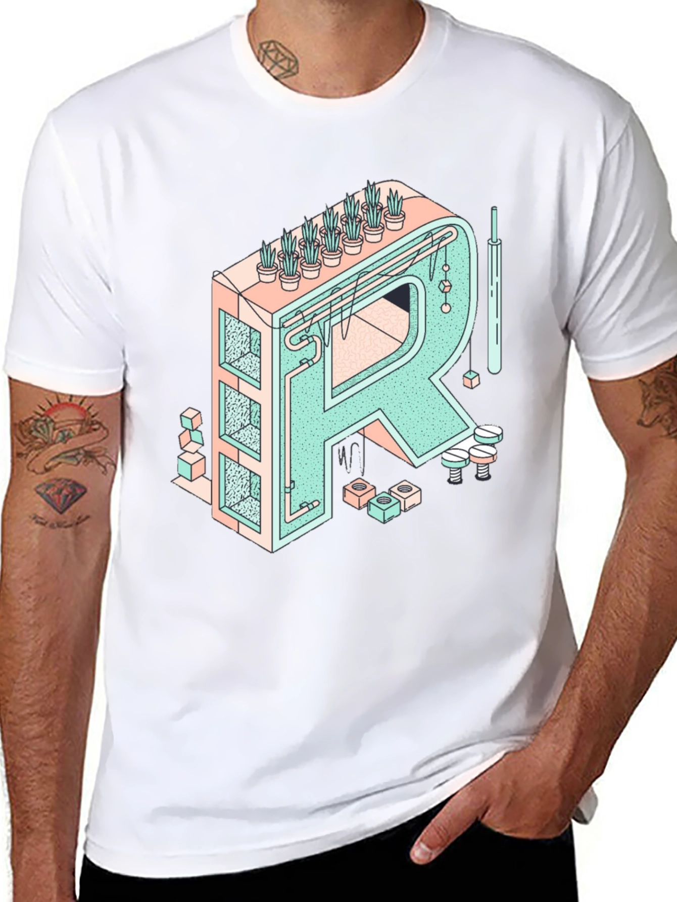 Geometric Letter R Graphic Tee - Unique Art Shirt