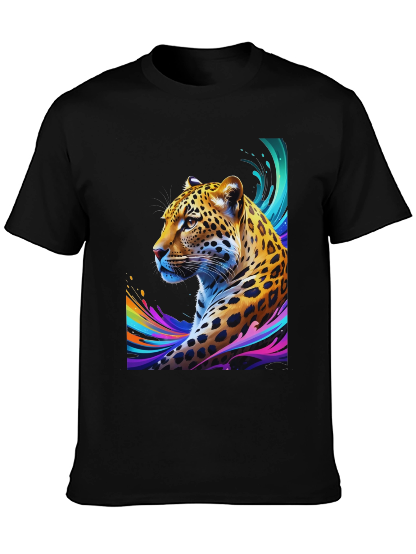 Vibrant Leopard Graphic Tee - Stylish Mens Black T-Shirt