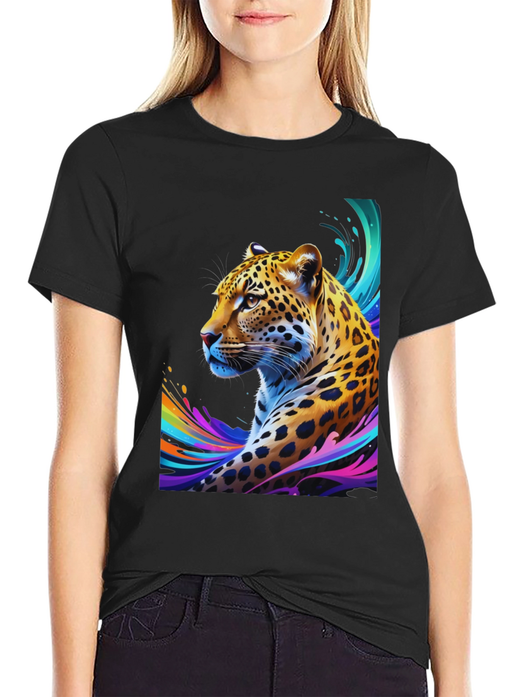 Vibrant Leopard Graphic Tee - Stylish Mens Black T-Shirt